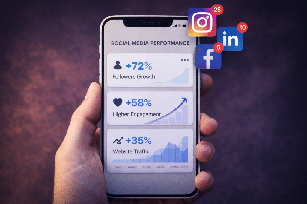 Social media marketing performance showing follower growth, engagement and website traffic